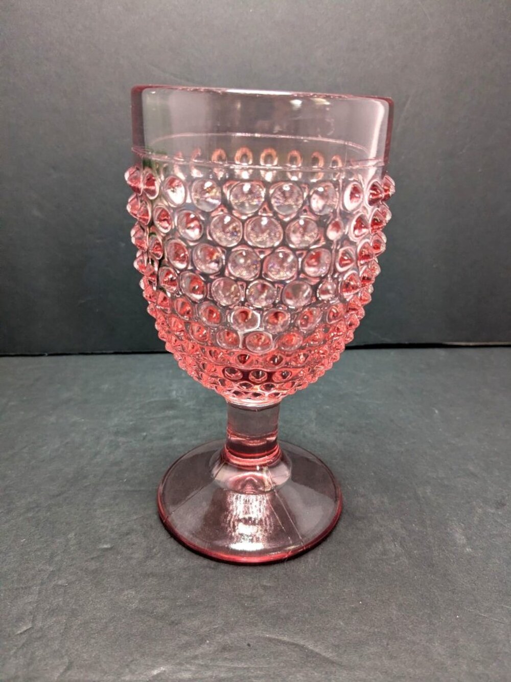 Vintage L E Smith Glass Co. Pink Hobnail Footed Water Goblet 6"